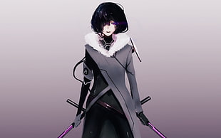 black haired female anime character digital art, sword, simple background HD wallpaper