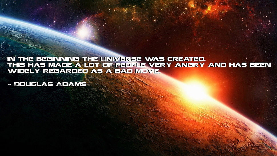 in the beginning the universe was created text, quote, humor, The Hitchhiker's Guide to the Galaxy HD wallpaper