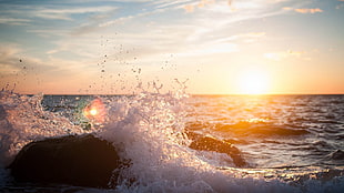 body of water wallpaper, waves, sea, sunlight, rock