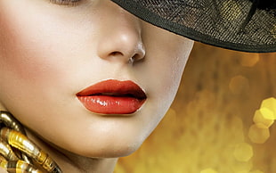 woman with red lipstick and black hat HD wallpaper