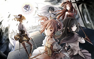 five female anime characters digital wallpaper