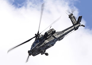 black helicopter under white clouds