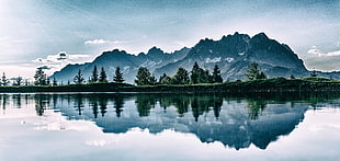 reflection photography of sea and mountains