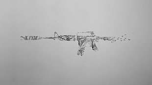 black assault rifle sketch, M4A1-S, trees, birds, minimalism