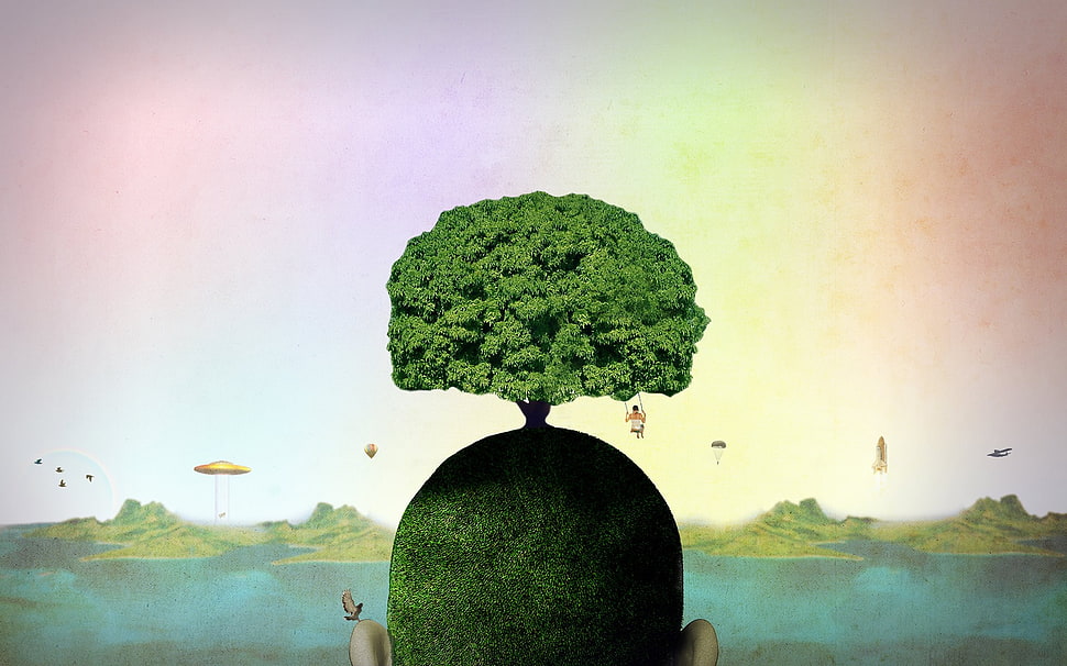 green bonsai plant, abstract, psychedelic, nature, head HD wallpaper
