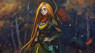 long blonde haired female character wearing green dress and bag full of arrows wallpaper, Dota 2, Windrunner, Windranger, archer