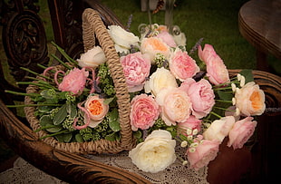 photo of basket of white and pink Rose flowers