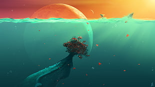 red tree under body of water illustration