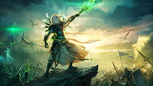 green wand, fantasy art, battle, magic, video games HD wallpaper