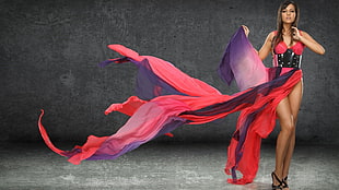 women's red and purple dress, women, dress, legs, heels HD wallpaper