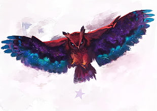 purple, red, and teal owl painting, owl, digital art