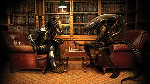 Predator and Alien playing chess digital wallpaper, chess, wine, Aliens (movie), Alien vs. Predator HD wallpaper
