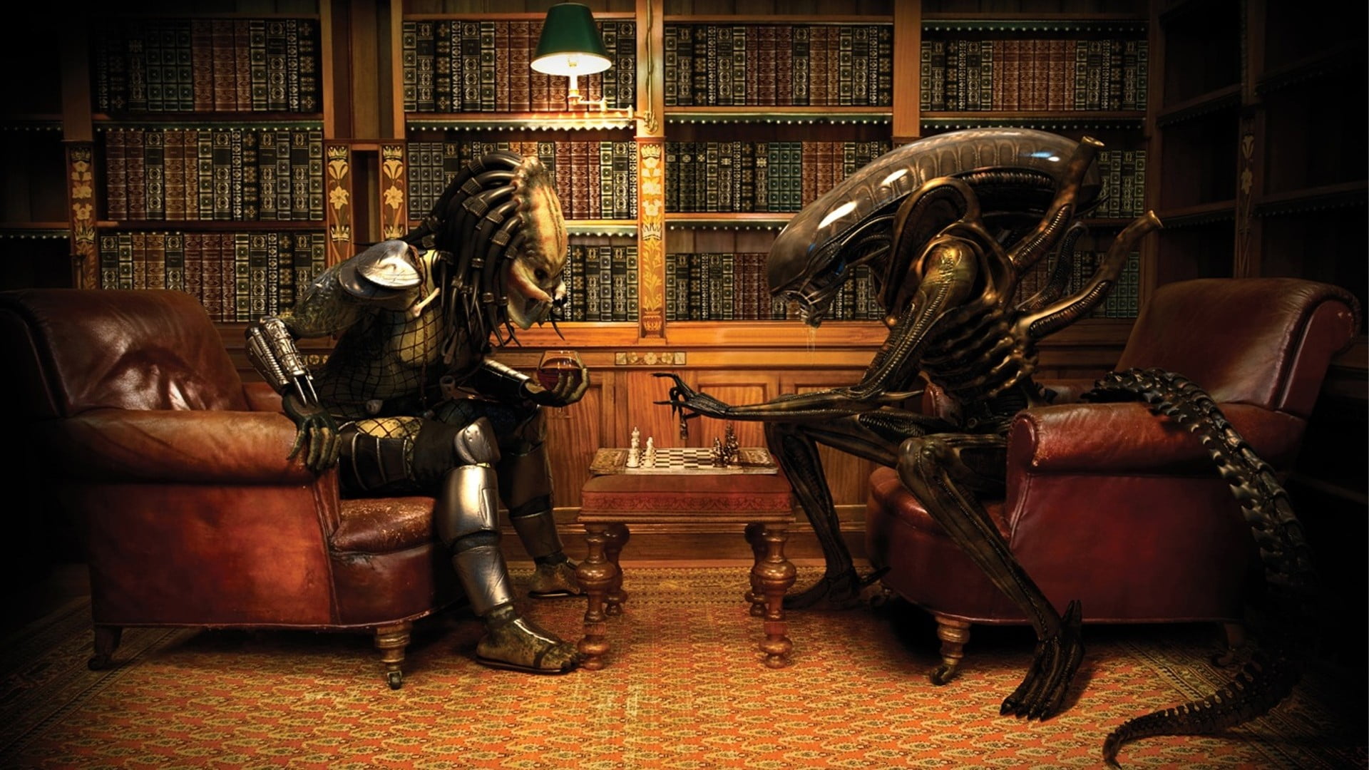 Predator and Alien playing chess digital wallpaper, chess, wine, Aliens (movie), Alien vs. Predator