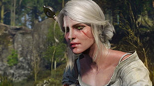 white-haired woman character into the woods