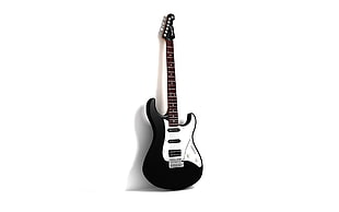 black and white stratocaster electric guitar, guitar, electric guitar, musical instrument, white background