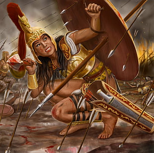 woman wearing gladiator armor and shield poster