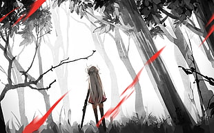 female anime character at woods digital wallpaper, forest, alone, trees, weapon