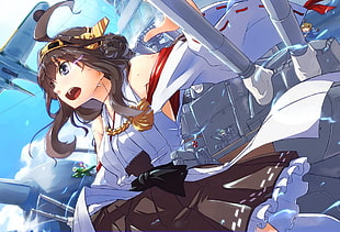 brown-haired female in gray dress anime character illustration, Kongou (KanColle), Kantai Collection