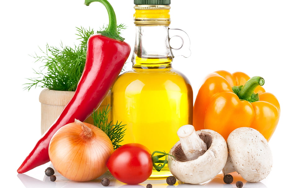 bottle of oil with red chili pepper, onion, tomato, mushroom, and bell pepper HD wallpaper