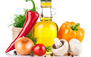bottle of oil with red chili pepper, onion, tomato, mushroom, and bell pepper HD wallpaper