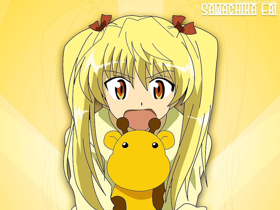 blonde anime girl holding giraffe plush toy graphic illustration HD wallpaper