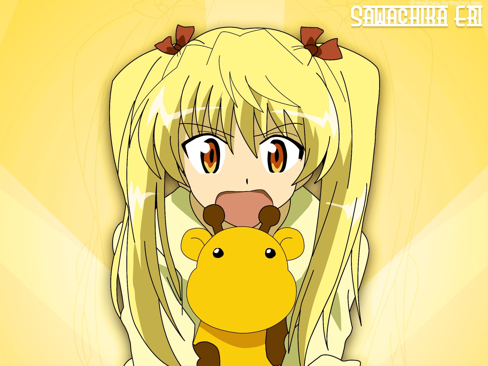 blonde anime girl holding giraffe plush toy graphic illustration