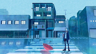 anime character standing on pedestrian wallpaper, Hatsune Miku, Vocaloid, rain, blue hair HD wallpaper