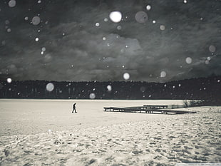 white snowfield, men, winter, monochrome, landscape