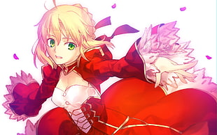 yellow haired female in red lingerie anime