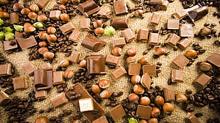 chocolate bars and coffee beans on mat