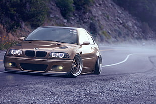 beige BMW sedan, car, BMW, mist, road