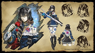 black haired female anime character illustration, video games, Bloodstained: Ritual of the Night, fantasy art, parchment