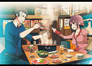 white and red wooden table, Monogatari Series, Senjougahara Hitagi, Kaiki Deishu, anime HD wallpaper