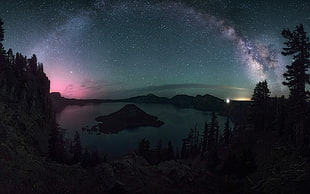 island and body of water, nature, landscape, starry night, Milky Way