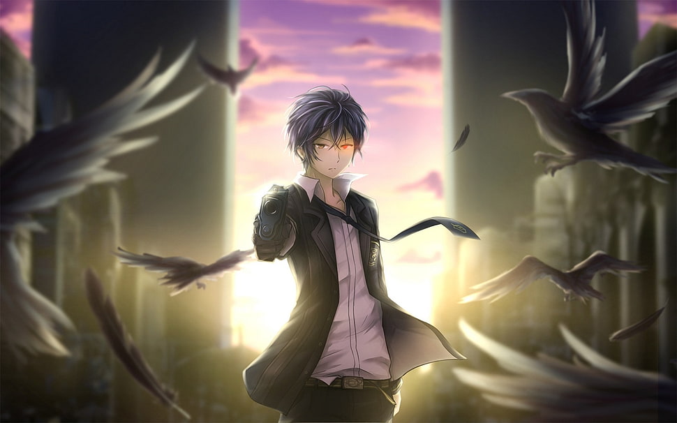 black-haired male anime character with crow digital wallpaper, Black Bullet, Rentaro Satomi, birds HD wallpaper