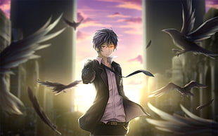 black-haired male anime character with crow digital wallpaper, Black Bullet, Rentaro Satomi, birds