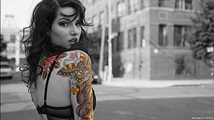 selective color photography of woman butterfly tattoo HD wallpaper