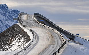 gray pave road, road, bridge, winter, mountains