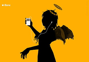 angel wearing white earphones holding MP3 player illustration, Haibane Renmei, orange background, Ipod, Rakka