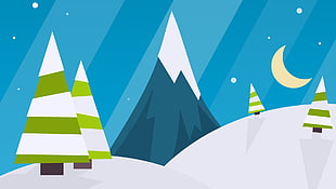 snow-covered green tree illustration, Christmas, winter, minimalism, night