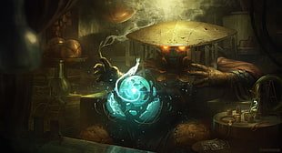 illustration of monster with orb, fantasy art, magic, smoke, hat