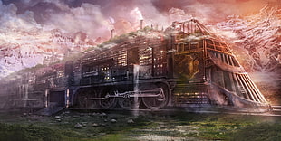 steam train digital wallpaper, train, fantasy art, steampunk, vehicle