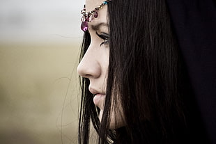 black haired woman wearing pink gemstone studded headress HD wallpaper