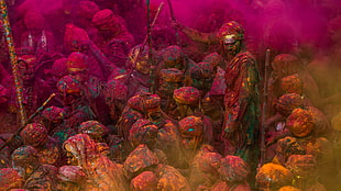 pink, yellow, and green painting of people, colorful, lights, Holi, people HD wallpaper