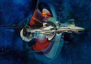 white and blue abstract painting, digital art, spaceship, space, universe
