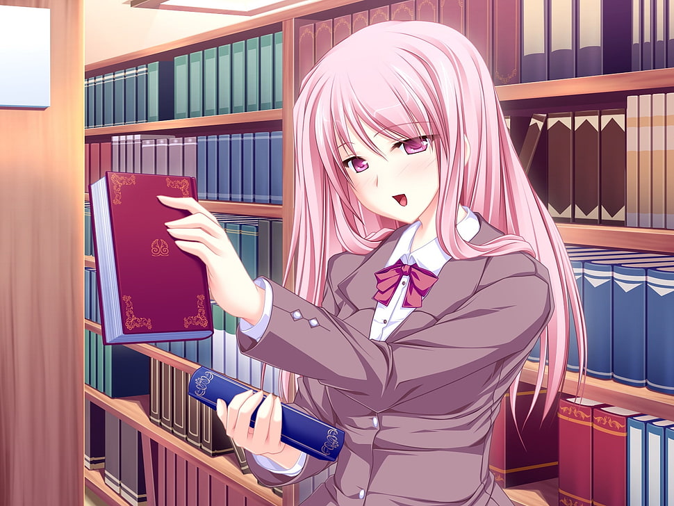 pink haired female animated character inside library HD wallpaper