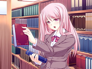 pink haired female animated character inside library