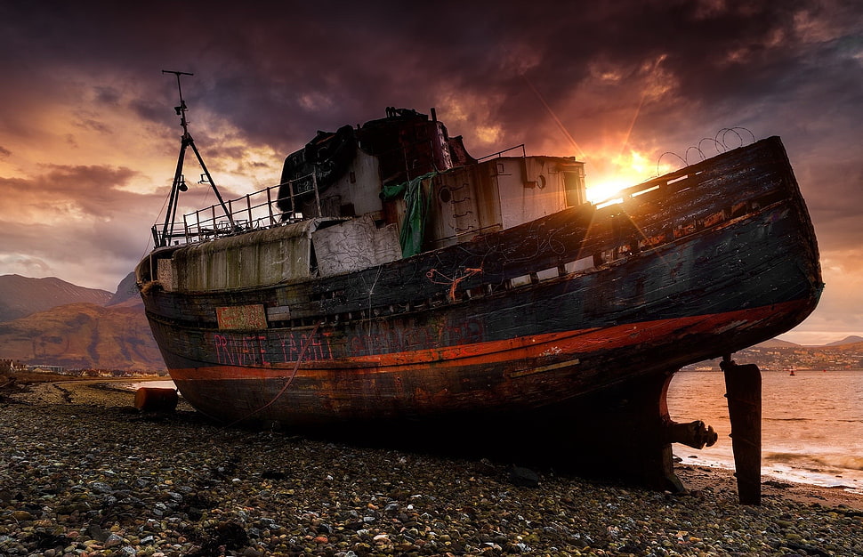 black ship, boat, wreck, vehicle HD wallpaper