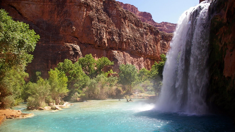 waterfalls and rock mountain wallpaper, waterfall HD wallpaper