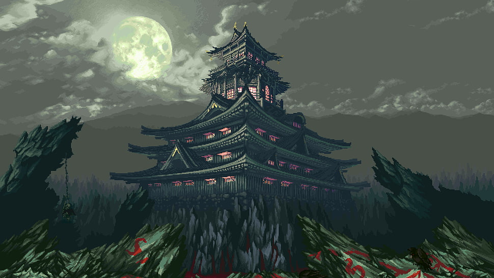 black and gray temple illustration HD wallpaper